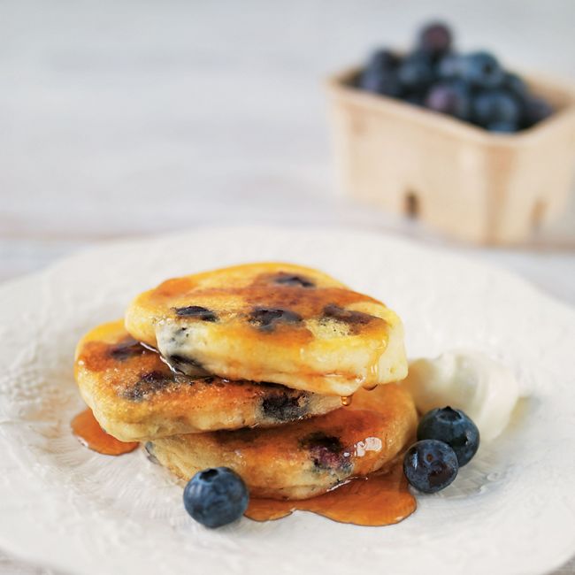Blueberry Pancakes With Creme Fraiche And Maple Syrup