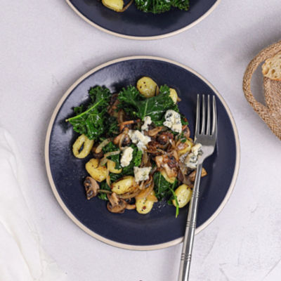 Gnocchi with Mushrooms, Blue Cheese & Kale