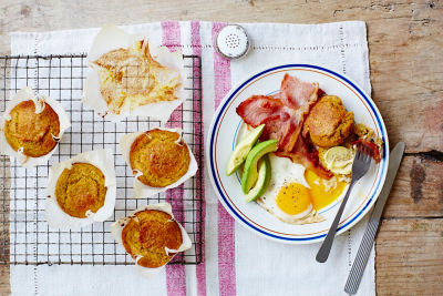 Quinoa & Polenta Breakfast Muffins With Fried Eggs, Bacon & Avocado