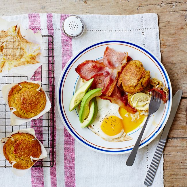 Quinoa & Polenta Breakfast Muffins With Fried Eggs, Bacon & Avocado