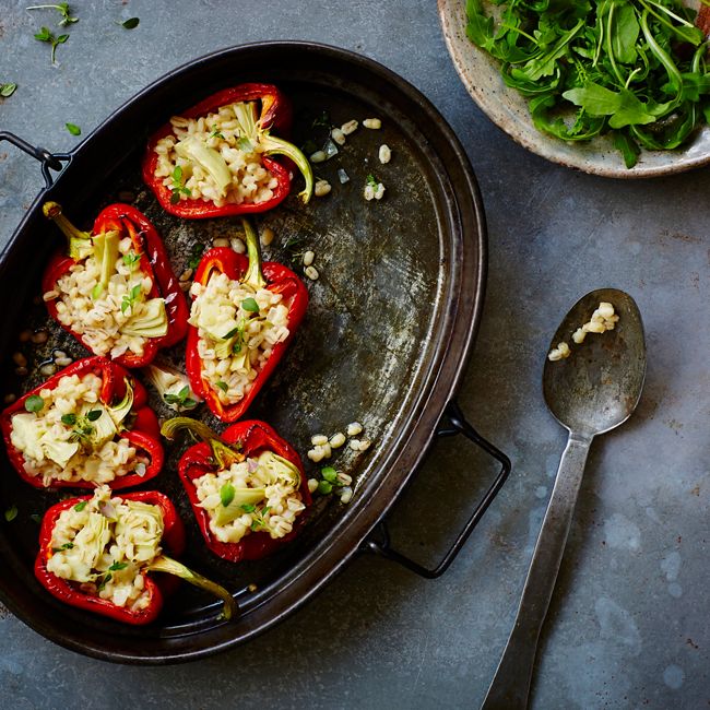 Red Capsicums  Stuffed With Artichoke Barley Risotto