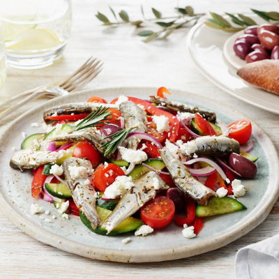 Greek Style Salad With Rosemary And Sea Salt Sardines