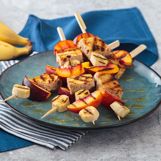 Grilled Fruit & Raisin Toast Skewers with Yoghurt Dip