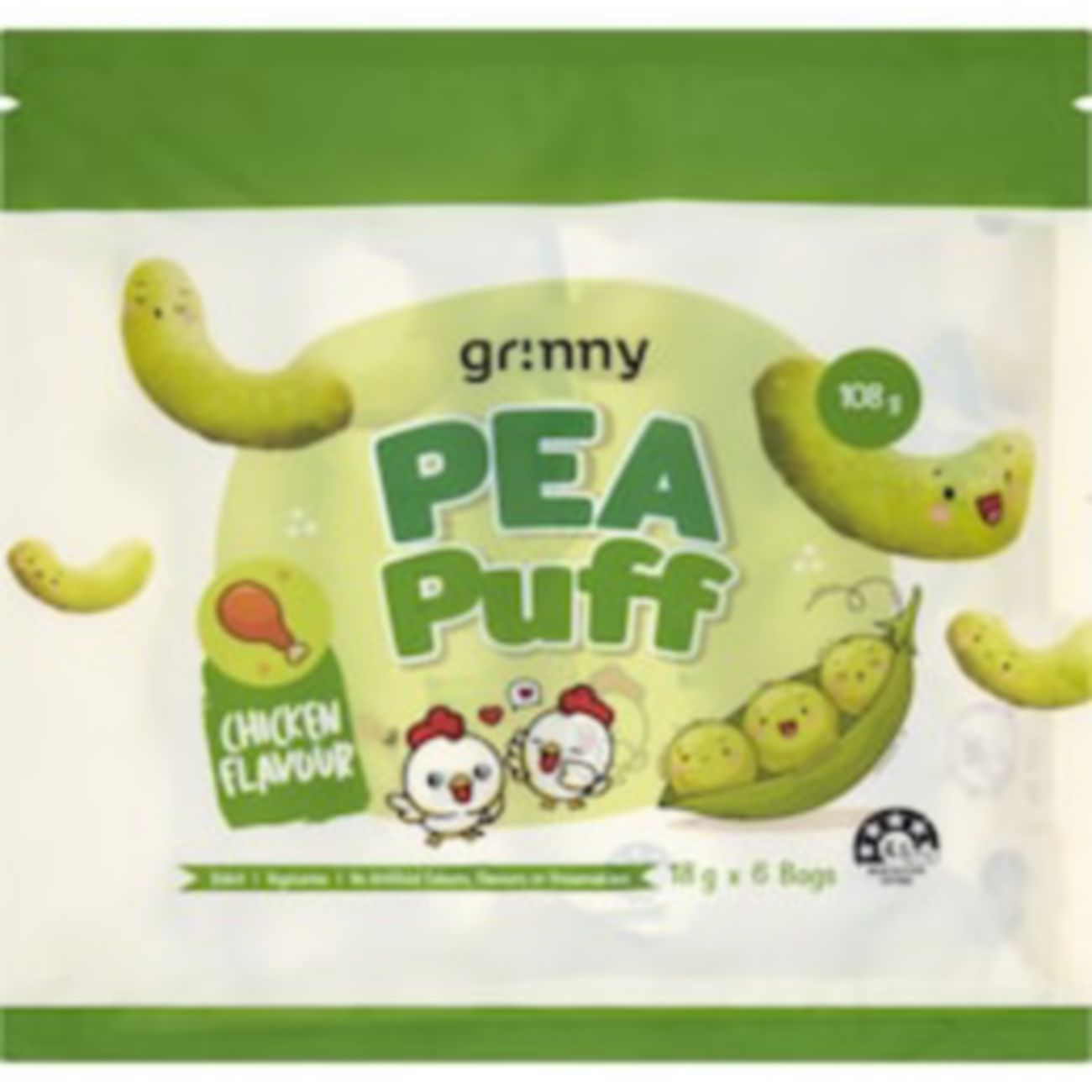 Grinny Pea Puffs Chicken Flavour 18g x 6 pack shown.