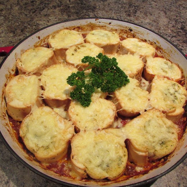 Garlic Bread Topped Bolognese Sauce