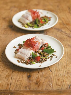 Coley Wrapped In Parma Ham With Lentil Salad