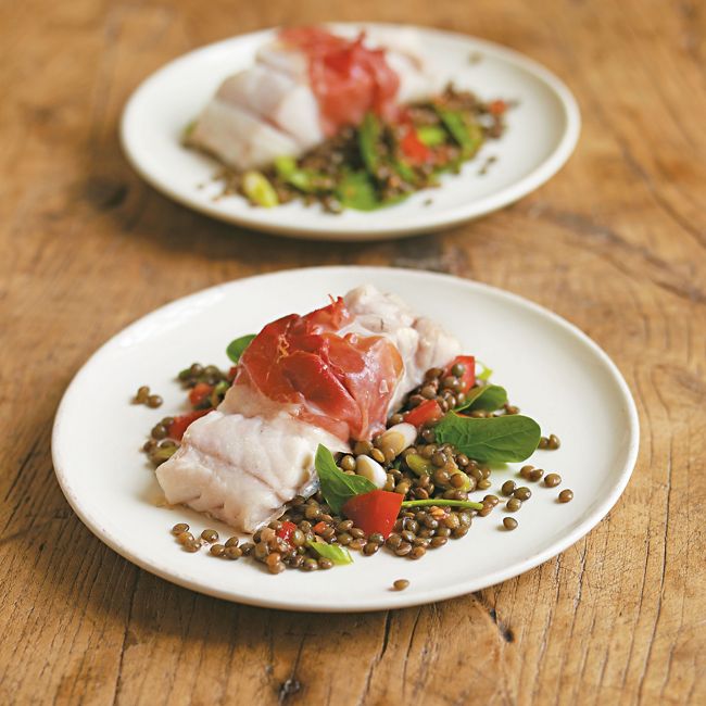 Fish Wrapped In Parma Ham With Lentil Salad