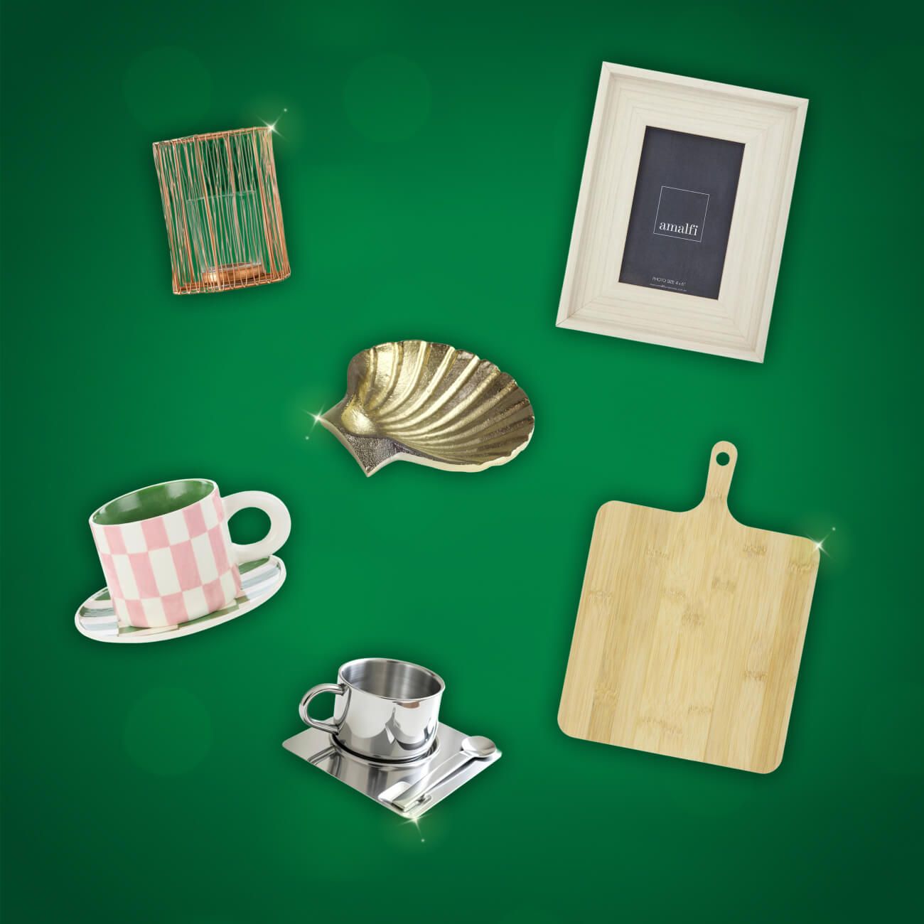 Candle, picture frame, Chopping board, tea cup and more.