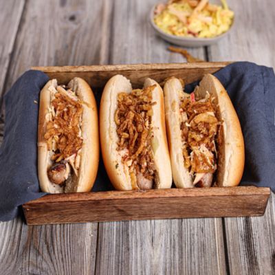 Hot Dogs with Mango Slaw & Crispy Onions