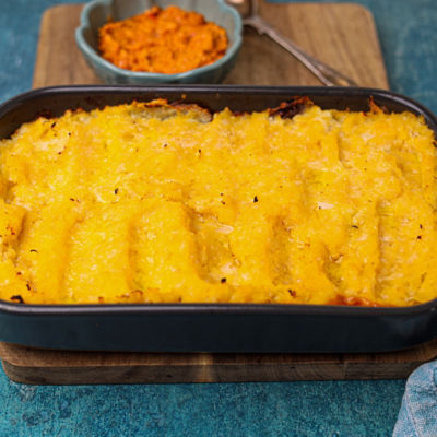 Indian Spiced Veggie Cottage Pie with Sweet Potato Mash