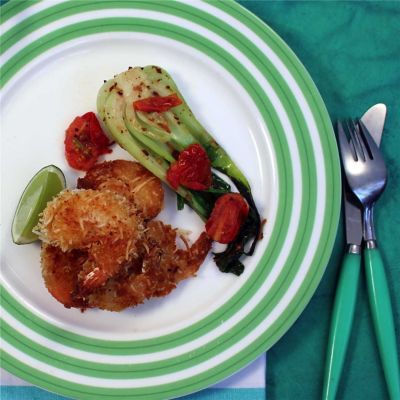 Coconut Prawns with Asian Greens & Curry Yoghurt