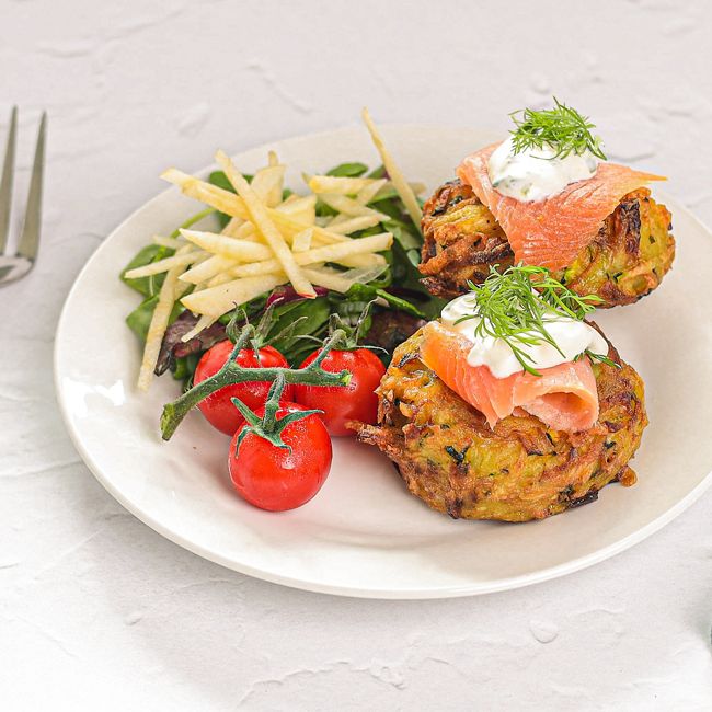Kosher Latkes with Smoked Salmon & Crème Fraîche