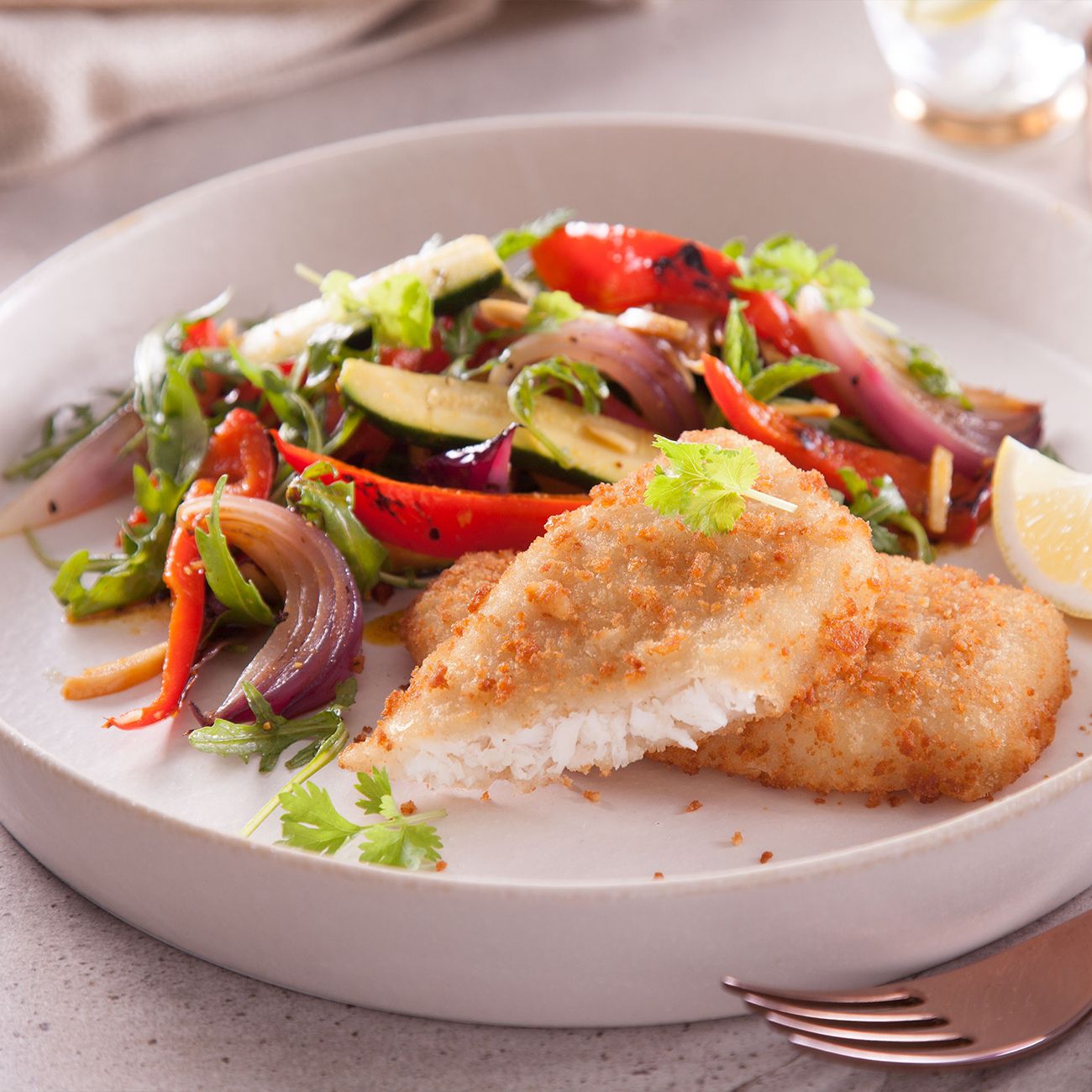 Lemon Crumbed Fish With Fragrant Vegetables Recipe | Woolworths
