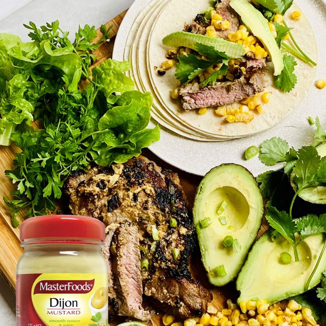 Lemon Mustard Steak And Roast Corn Tacos