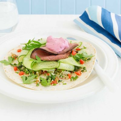 Beetroot Tzatziki, Tabouli & Rare Roast Beef Wrap