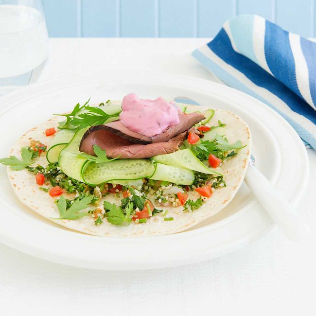 Beetroot Tzatziki, Tabouli & Rare Roast Beef Wrap
