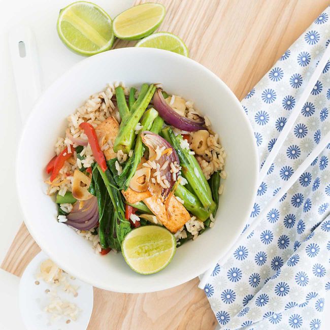 Stir-fried Tofu, Rice, Asian Greens, Lime & Soy