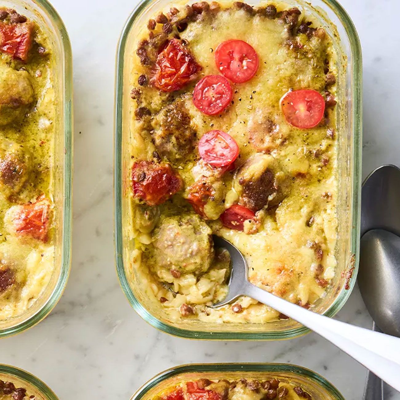 Meatball, pesto and risoni bake