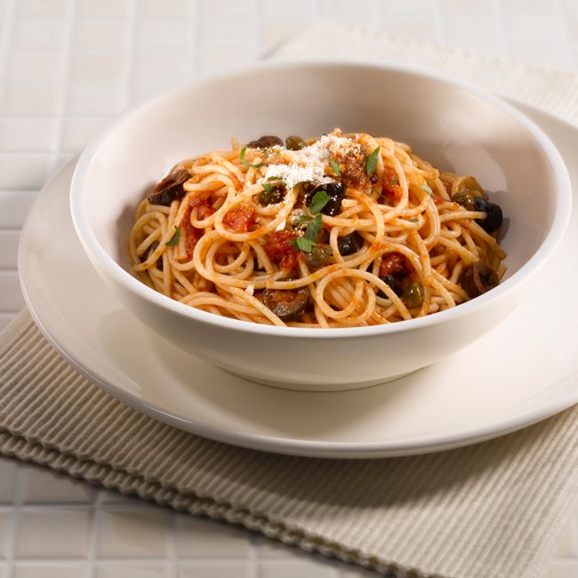 Spaghetti Puttanesca with Spinach Salad