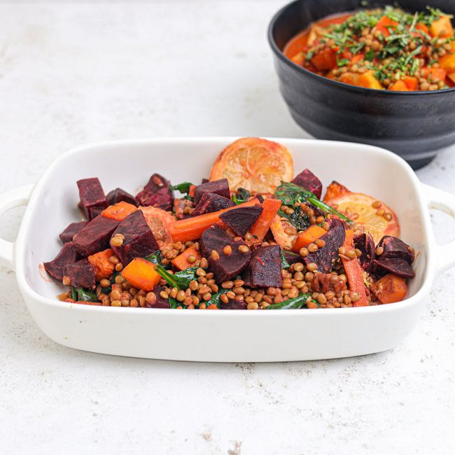 Miso Root Vegetable & Lentil Traybake