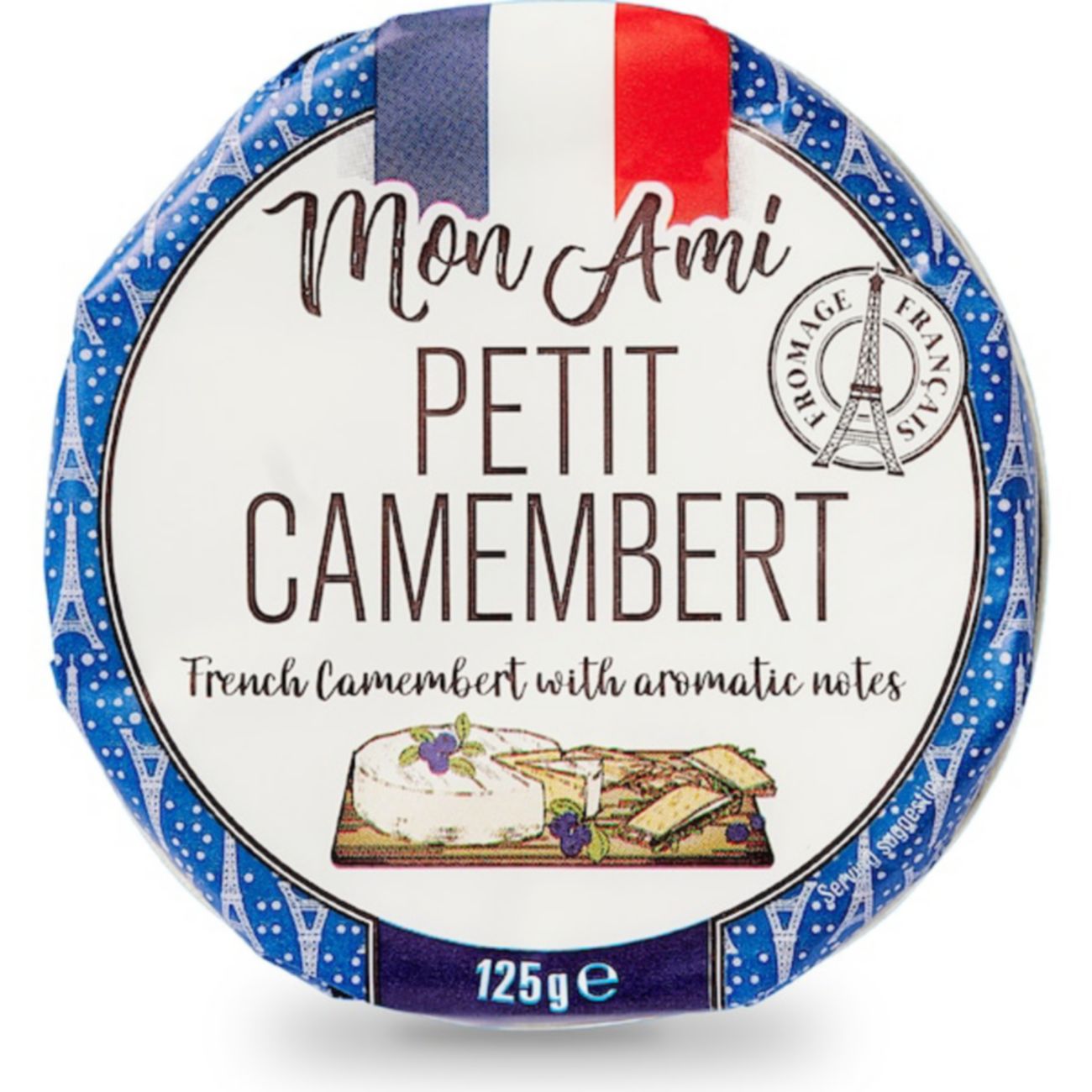 Mon Ami Petit Camembert - French 125g shown.