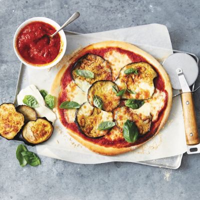 Mozzarella, eggplant & basil pizzas