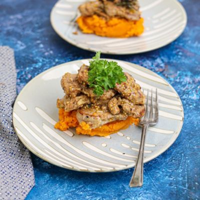 Mustard Pork Steaks with Sweet Potato Mash