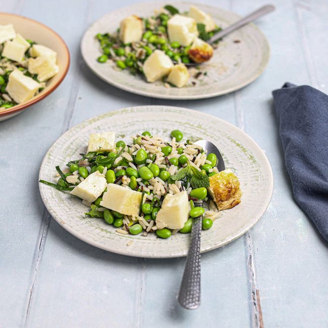 Pea, Broad Bean & Mint Rice Salad with Halloumi