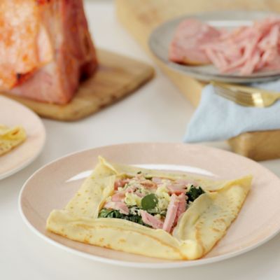 Baked Crepes with Christmas Ham, Mushroom, Spinach and Cheese