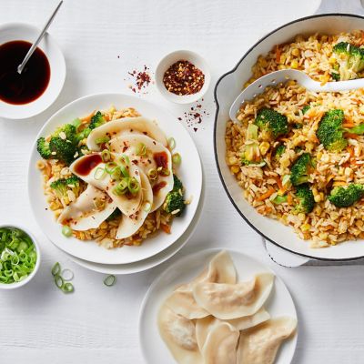 Prawn dumplings with vegetable fried rice