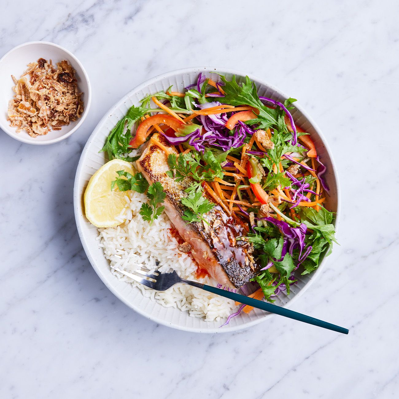 Quick Crispy-skinned Salmon with Rice & Salad
