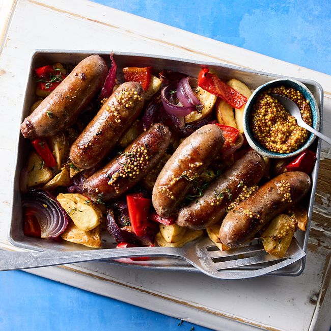 Quick sausage & potato traybake