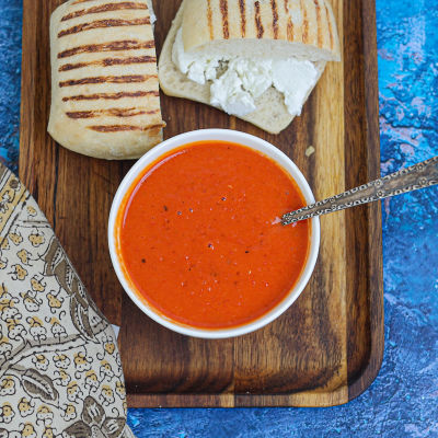 Red Capsicum Soup with Goats Cheese Panini