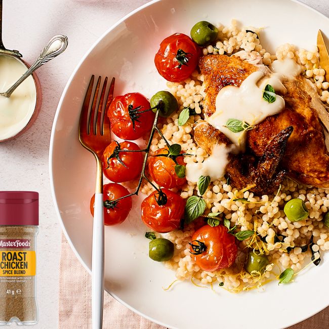 Roast Chicken With Blistered Tomatoes And Fragrant Pearl Couscous 