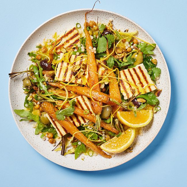Roast Orange & Cumin Carrots With Couscous & Haloumi Salad