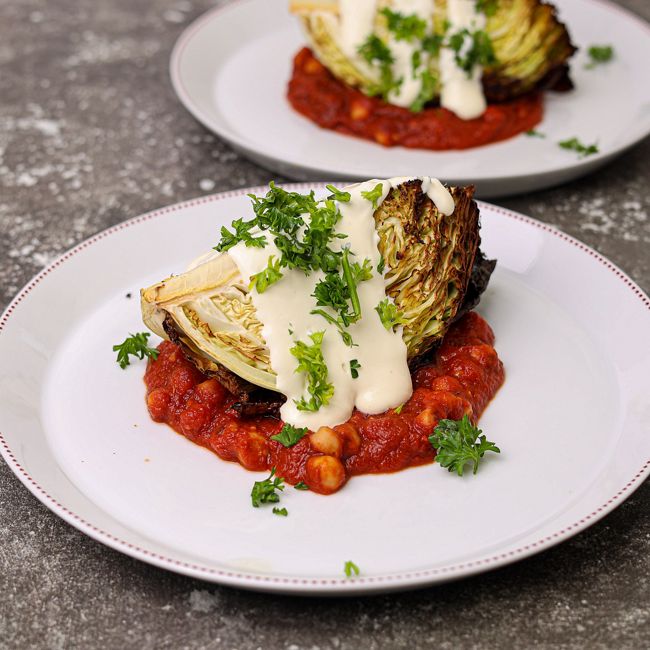 Roasted Cabbage with Harissa Chickpeas