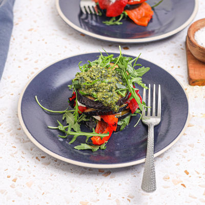 Roasted Eggplant Stacks with Goats Cheese, Pesto & Capsicum