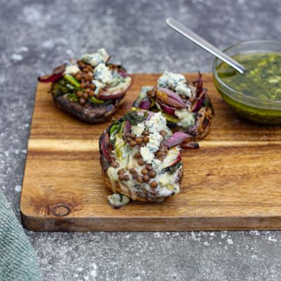 Roasted Mushrooms with Blue Cheese & Garlic Lentils