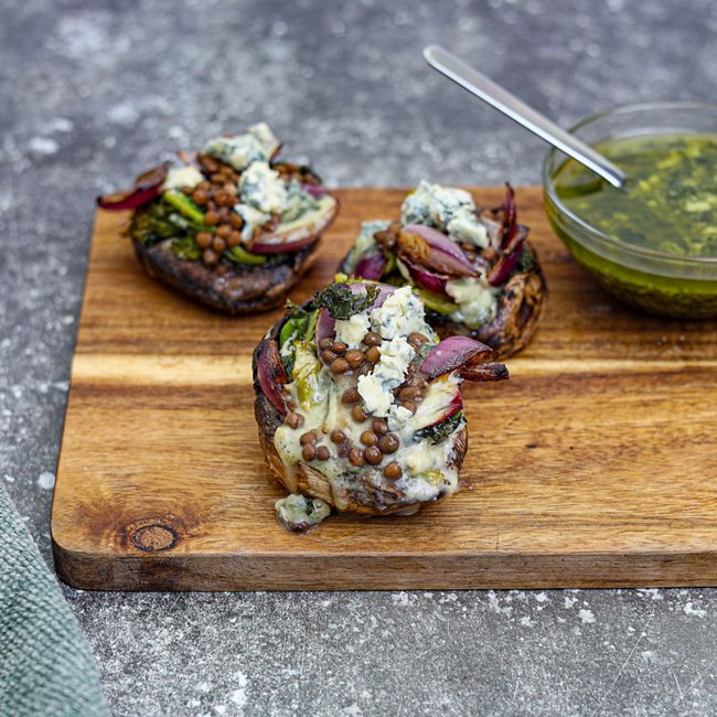Roasted Mushrooms with Blue Cheese & Garlic Lentils