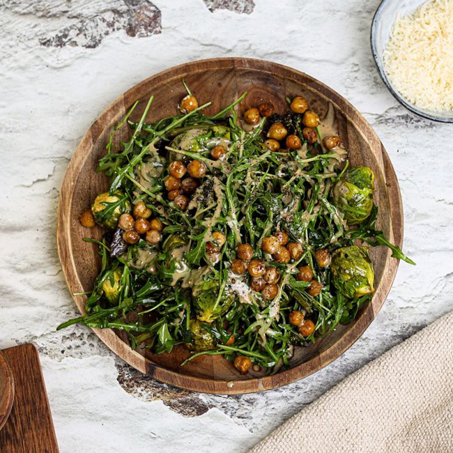 Roasted Sprout & Greens Salad with Crispy Chickpeas
