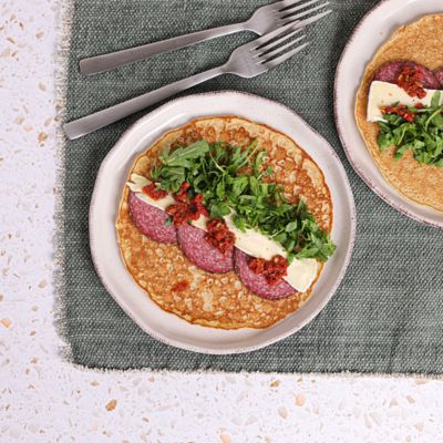 Savoury Crêpe with Salami, Brie, Sundried Tomatoes & Rocket