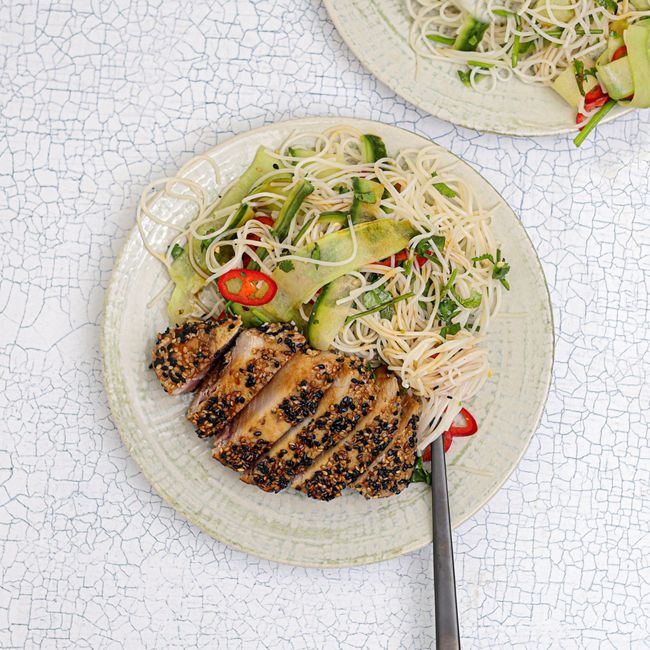 Seared Tuna with Cucumber & Rice Noodle Salad