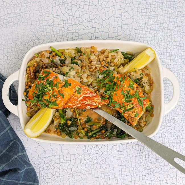 Smoked Cod with Lemon Lentils & Kale