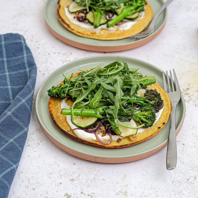 Socca Pizzas with Charred Greens