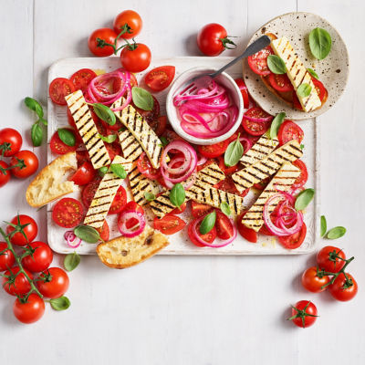 Tomato & Grilled Haloumi Salad with Pickled Onion Dressing