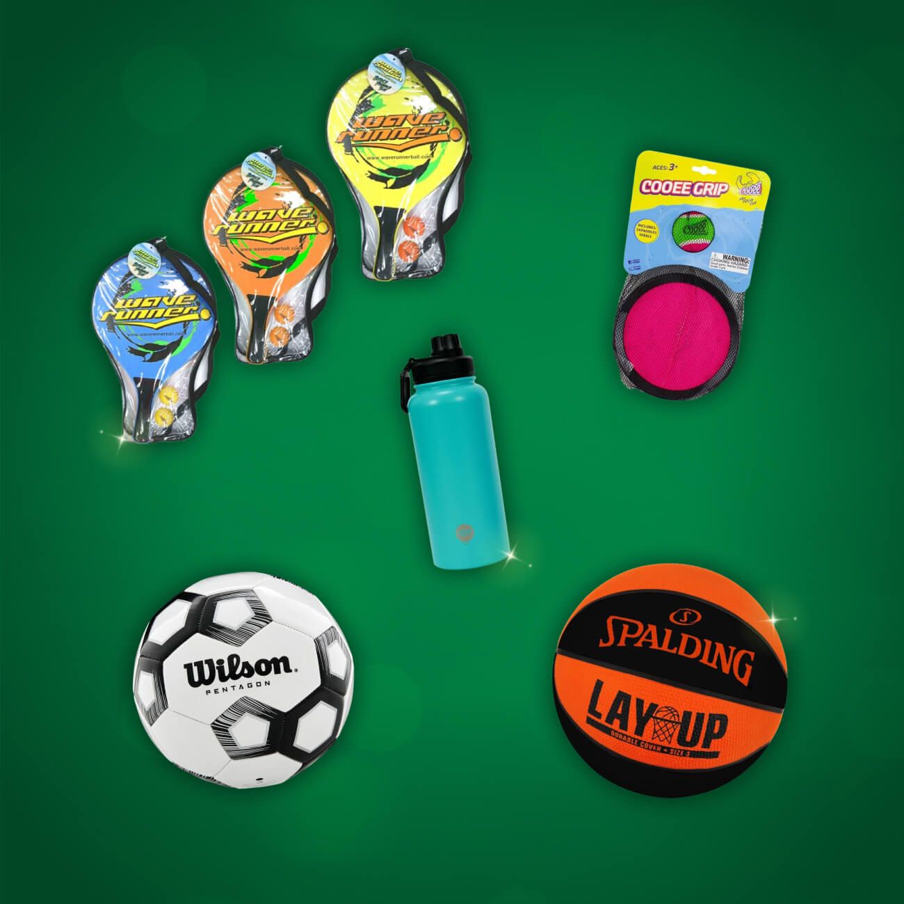Soccer ball, basketball, drink bottle, ball and bat sets and more.