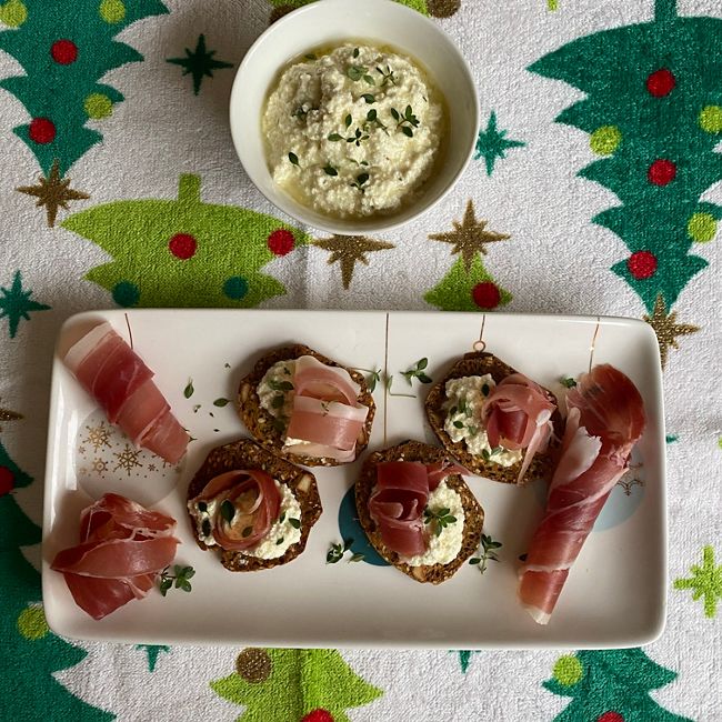 Whipped Feta and Prosciutto Topped Cookies