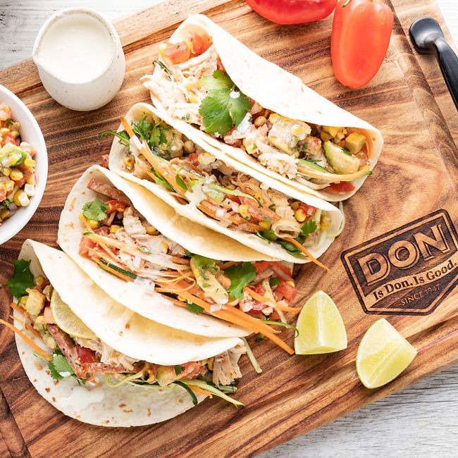 Tacos with DON Mild Hungarian Salami, Chicken, Corn and Avocado Salsa