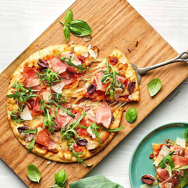 Toscano Ham, Olive, Rocket & Parmesan Pizza