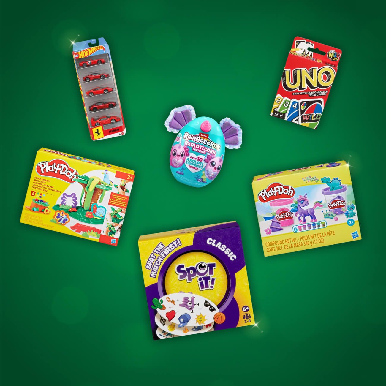 Hotwheels, Uno card game, Playdoh and more.